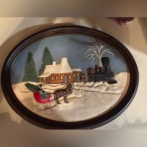 Anri Christmas plate from 1981, a winter scene with horse drawn sleigh and train